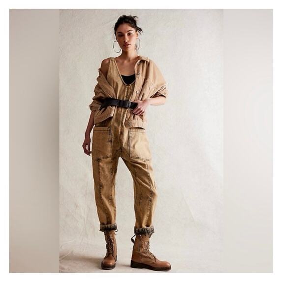 Free people High Roller Jumpsuit Tan Overalls in Farrow size XL Tall - Picture 1 of 15